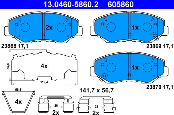 ATE 13.0460-5860.2 - Комплект спирачно феродо, дискови спирачки vvparts.bg