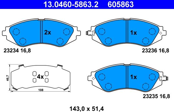 ATE 13.0460-5863.2 - Комплект спирачно феродо, дискови спирачки vvparts.bg