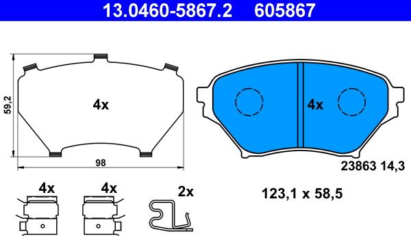 ATE 13.0460-5867.2 - Комплект спирачно феродо, дискови спирачки vvparts.bg