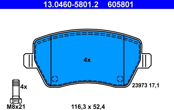 ATE 13.0460-5801.2 - Комплект спирачно феродо, дискови спирачки vvparts.bg