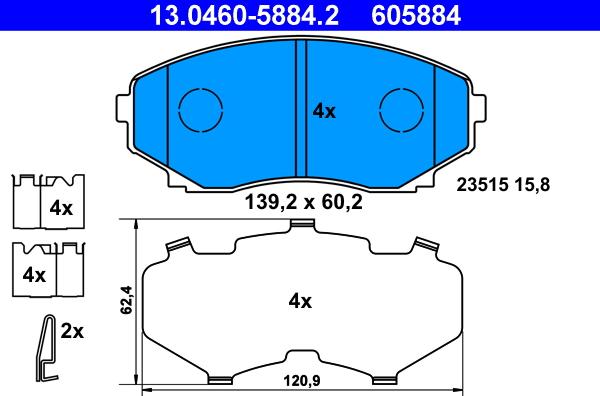 ATE 13.0460-5884.2 - Комплект спирачно феродо, дискови спирачки vvparts.bg