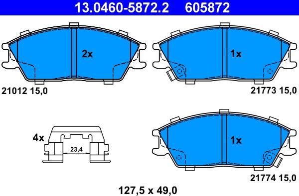 ATE 13.0460-5872.2 - Комплект спирачно феродо, дискови спирачки vvparts.bg