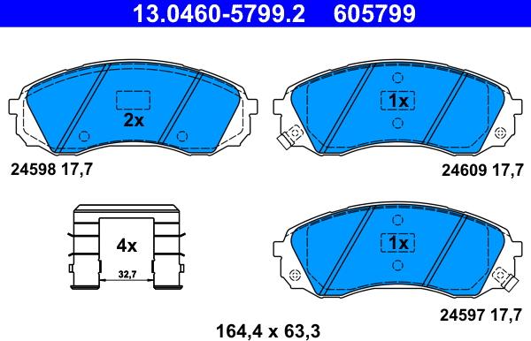 ATE 13.0460-5799.2 - Комплект спирачно феродо, дискови спирачки vvparts.bg