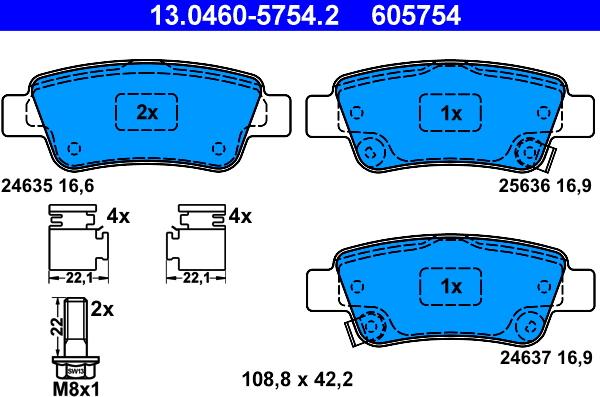 ATE 13.0460-5754.2 - Комплект спирачно феродо, дискови спирачки vvparts.bg