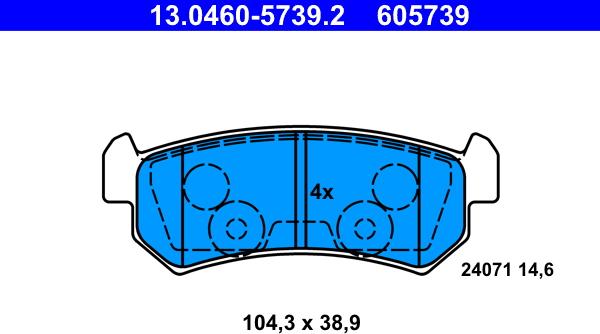 ATE 13.0460-5739.2 - Комплект спирачно феродо, дискови спирачки vvparts.bg