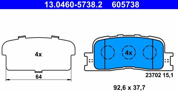 ATE 13.0460-5738.2 - Комплект спирачно феродо, дискови спирачки vvparts.bg