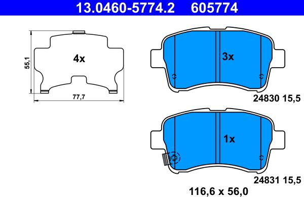 ATE 13.0460-5774.2 - Комплект спирачно феродо, дискови спирачки vvparts.bg