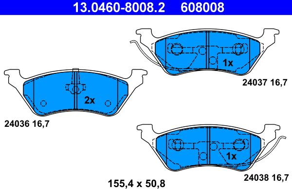 ATE 13.0460-8008.2 - Комплект спирачно феродо, дискови спирачки vvparts.bg