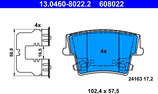 ATE 13.0460-8022.2 - Комплект спирачно феродо, дискови спирачки vvparts.bg