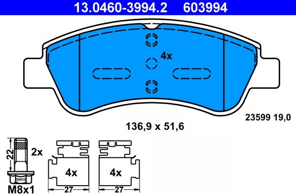 ATE 13.0460-3994.2 - Комплект спирачно феродо, дискови спирачки vvparts.bg