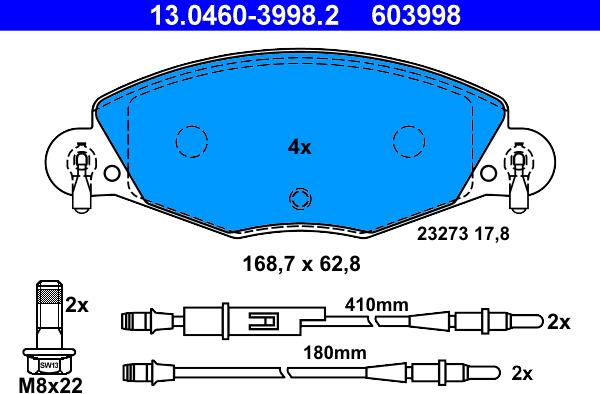 ATE 13.0460-3998.2 - Комплект спирачно феродо, дискови спирачки vvparts.bg