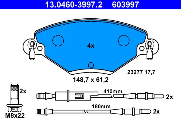 ATE 13.0460-3997.2 - Комплект спирачно феродо, дискови спирачки vvparts.bg