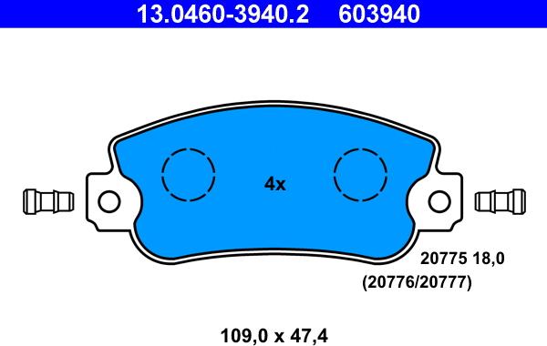 ATE 13.0460-3940.2 - Комплект спирачно феродо, дискови спирачки vvparts.bg
