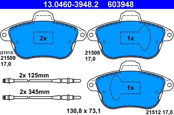 ATE 13.0460-3948.2 - Комплект спирачно феродо, дискови спирачки vvparts.bg