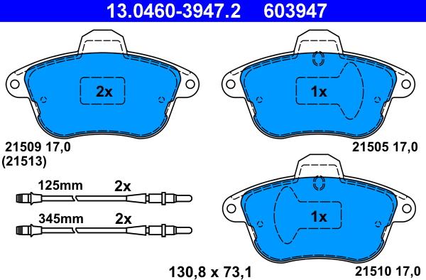 ATE 13.0460-3947.2 - Комплект спирачно феродо, дискови спирачки vvparts.bg