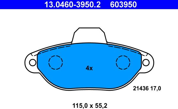 ATE 13.0460-3950.2 - Комплект спирачно феродо, дискови спирачки vvparts.bg