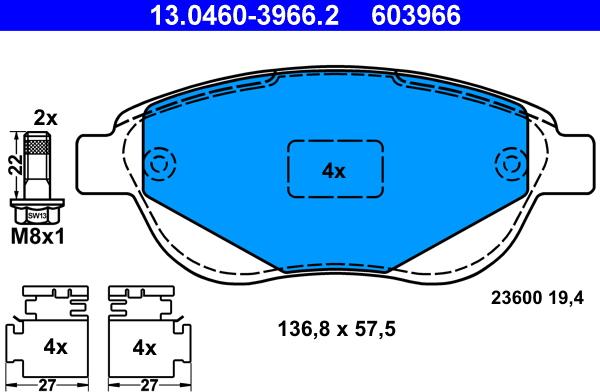 ATE 13.0460-3966.2 - Комплект спирачно феродо, дискови спирачки vvparts.bg