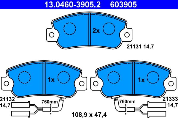 ATE 13.0460-3905.2 - Комплект спирачно феродо, дискови спирачки vvparts.bg