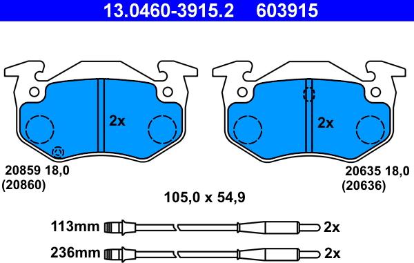 ATE 13.0460-3915.2 - Комплект спирачно феродо, дискови спирачки vvparts.bg