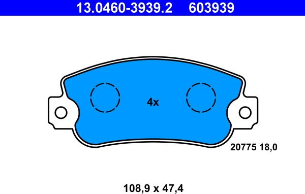 ATE 13.0460-3939.2 - Комплект спирачно феродо, дискови спирачки vvparts.bg
