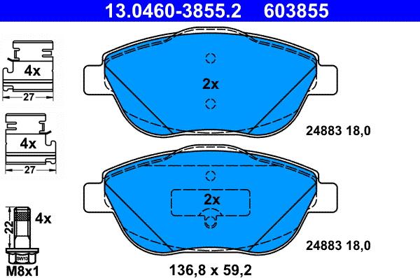 ATE 13.0460-3855.2 - Комплект спирачно феродо, дискови спирачки vvparts.bg