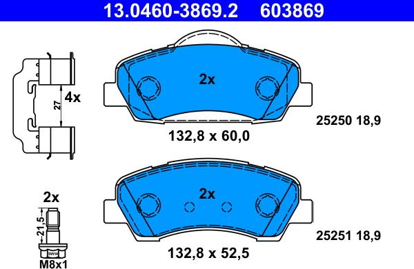 ATE 13.0460-3869.2 - Комплект спирачно феродо, дискови спирачки vvparts.bg