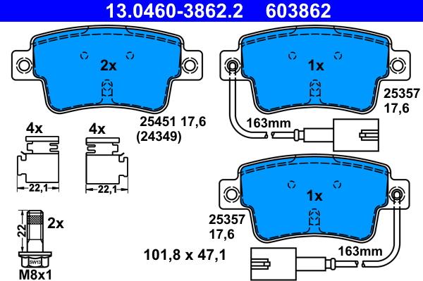 ATE 13.0460-3862.2 - Комплект спирачно феродо, дискови спирачки vvparts.bg