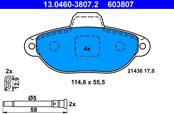 ATE 13.0460-3807.2 - Комплект спирачно феродо, дискови спирачки vvparts.bg