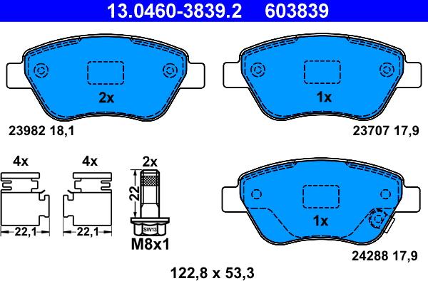 ATE 13.0460-3839.2 - Комплект спирачно феродо, дискови спирачки vvparts.bg