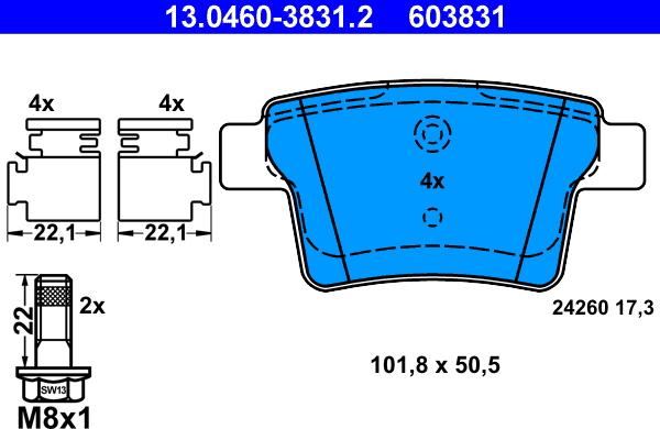 ATE 13.0460-3831.2 - Комплект спирачно феродо, дискови спирачки vvparts.bg