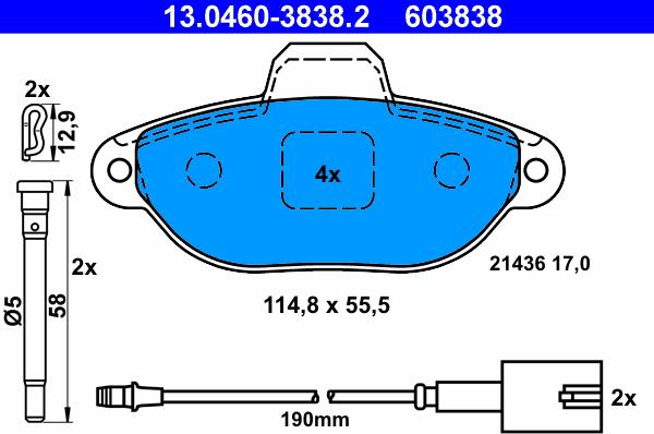 ATE 13.0460-3838.2 - Комплект спирачно феродо, дискови спирачки vvparts.bg