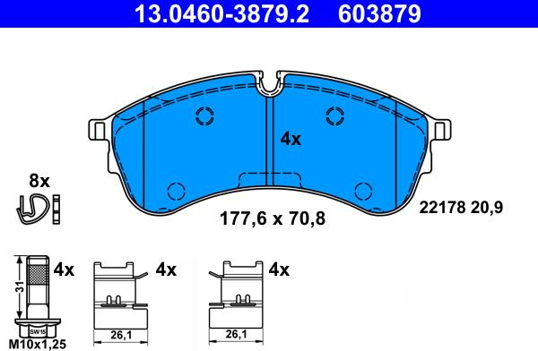 ATE 13.0460-3879.2 - Комплект спирачно феродо, дискови спирачки vvparts.bg