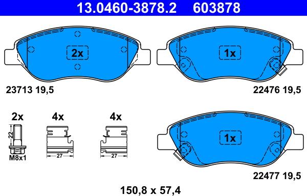 ATE 13.0460-3878.2 - Комплект спирачно феродо, дискови спирачки vvparts.bg