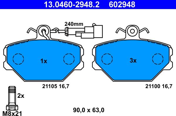 ATE 13.0460-2948.2 - Комплект спирачно феродо, дискови спирачки vvparts.bg