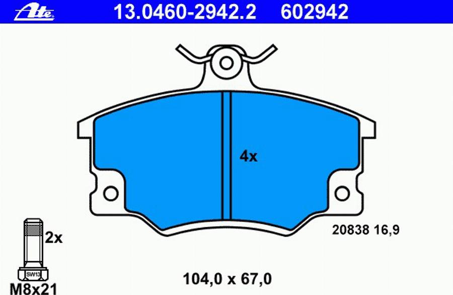 ATE 13.0460-2942.2 - Комплект спирачно феродо, дискови спирачки vvparts.bg