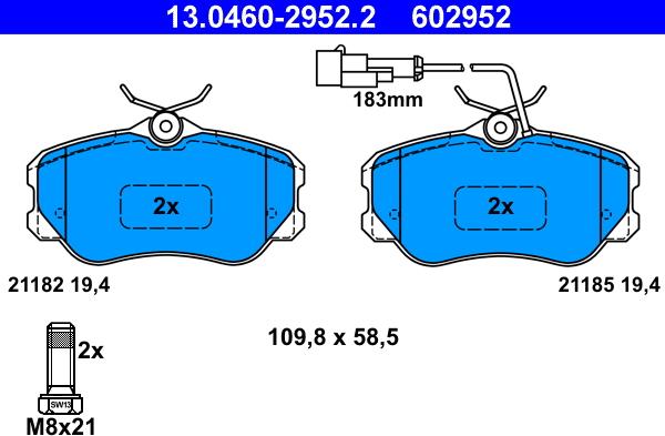 ATE 13.0460-2952.2 - Комплект спирачно феродо, дискови спирачки vvparts.bg