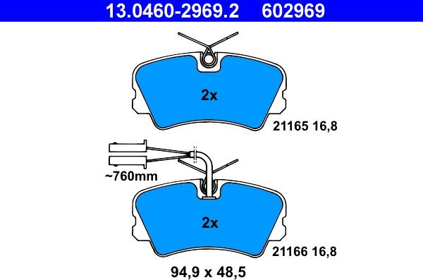 ATE 13.0460-2969.2 - Комплект спирачно феродо, дискови спирачки vvparts.bg