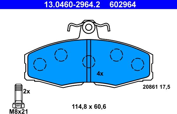 ATE 13.0460-2964.2 - Комплект спирачно феродо, дискови спирачки vvparts.bg