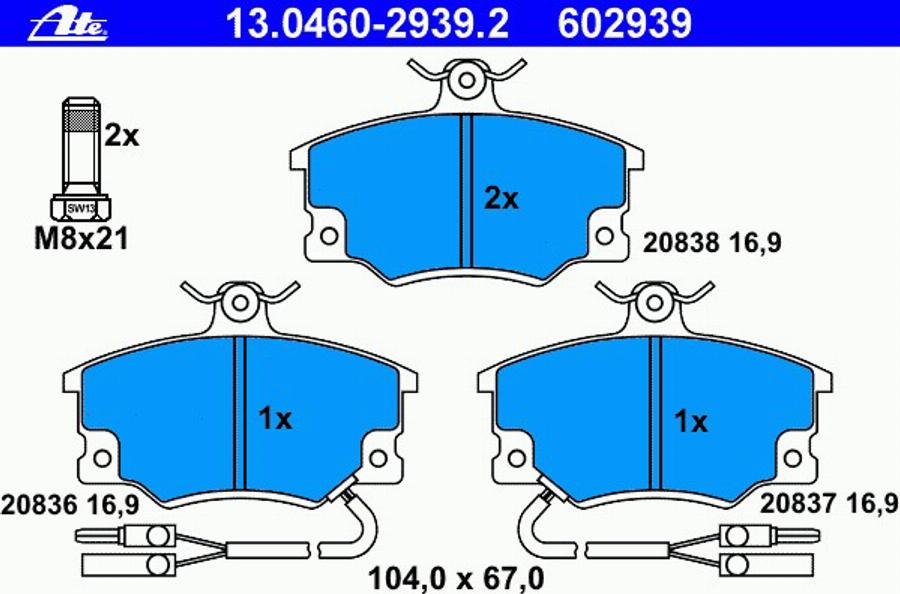 ATE 13.0460-2939.2 - Комплект спирачно феродо, дискови спирачки vvparts.bg