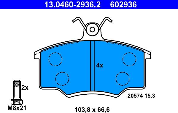 ATE 13.0460-2936.2 - Комплект спирачно феродо, дискови спирачки vvparts.bg