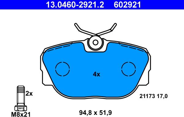 ATE 13.0460-2921.2 - Комплект спирачно феродо, дискови спирачки vvparts.bg