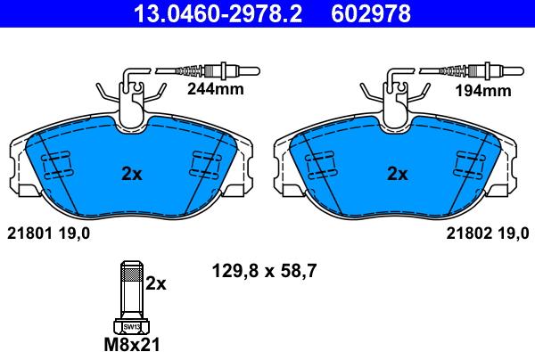 ATE 13.0460-2978.2 - Комплект спирачно феродо, дискови спирачки vvparts.bg