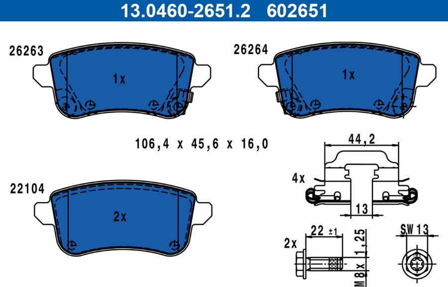 ATE 13.0460-2651.2 - Комплект спирачно феродо, дискови спирачки vvparts.bg