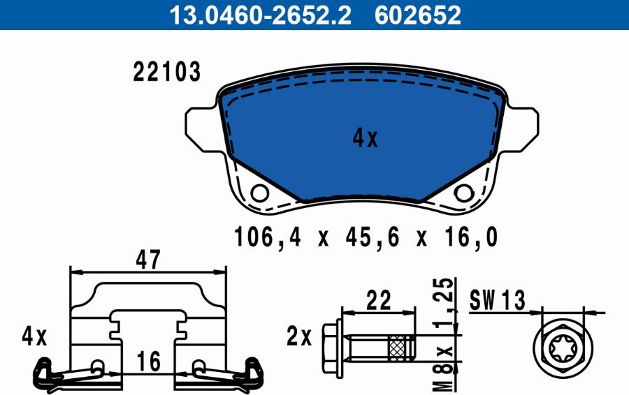 ATE 13.0460-2652.2 - Комплект спирачно феродо, дискови спирачки vvparts.bg