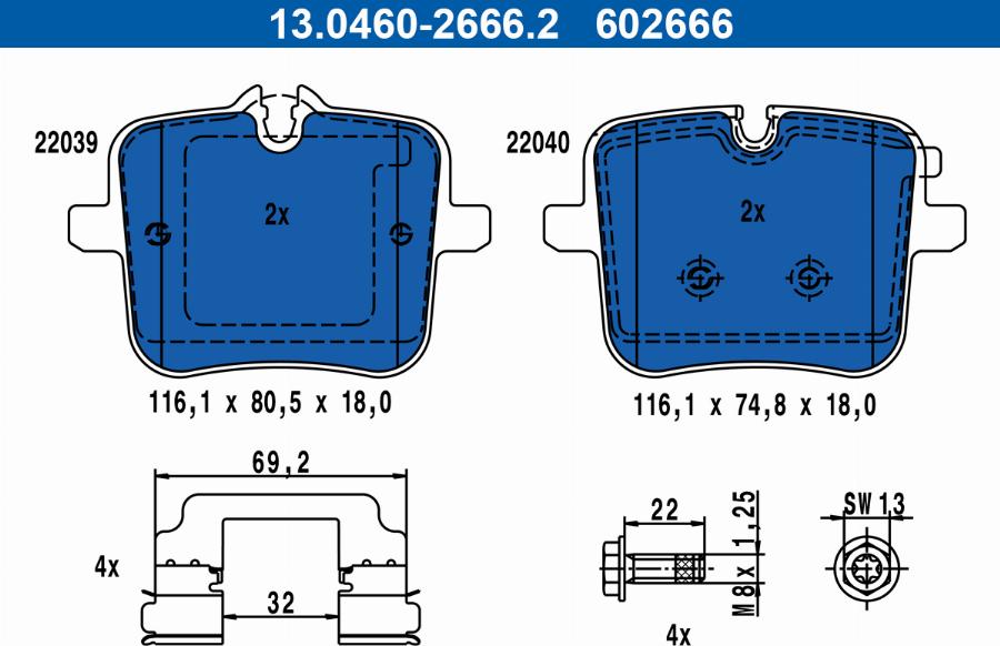 ATE 13.0460-2666.2 - Комплект спирачно феродо, дискови спирачки vvparts.bg