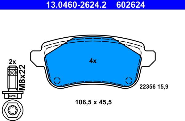 ATE 13.0460-2624.2 - Комплект спирачно феродо, дискови спирачки vvparts.bg