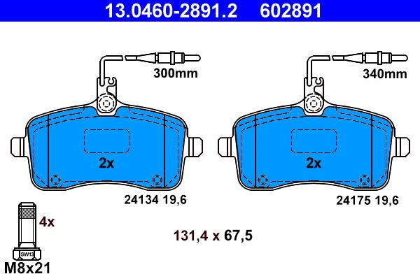 ATE 13.0460-2891.2 - Комплект спирачно феродо, дискови спирачки vvparts.bg