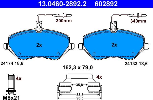 ATE 13.0460-2892.2 - Комплект спирачно феродо, дискови спирачки vvparts.bg