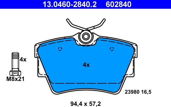 ATE 13.0460-2840.2 - Комплект спирачно феродо, дискови спирачки vvparts.bg