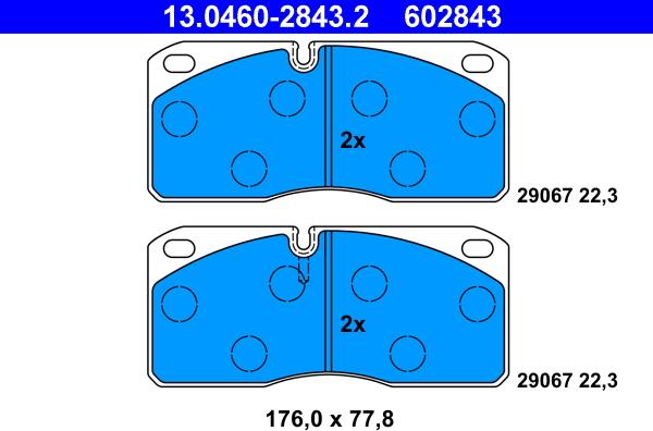 ATE 13.0460-2843.2 - Комплект спирачно феродо, дискови спирачки vvparts.bg